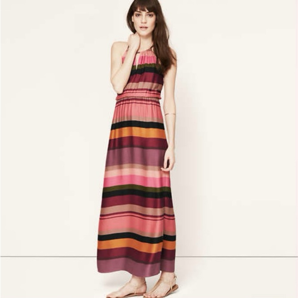LOFT Colorful Striped Key Hole Maxi Dress Bohemian Vacation High Neck Boho Chic
